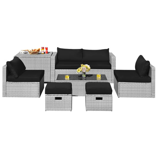 Patiojoy 8 Pieces All-Weather PE Rattan Patio Furniture Set Outdoor Space-Saving Sectional Sofa Set with Storage Box Black/Off White/Navy/Red/Grey