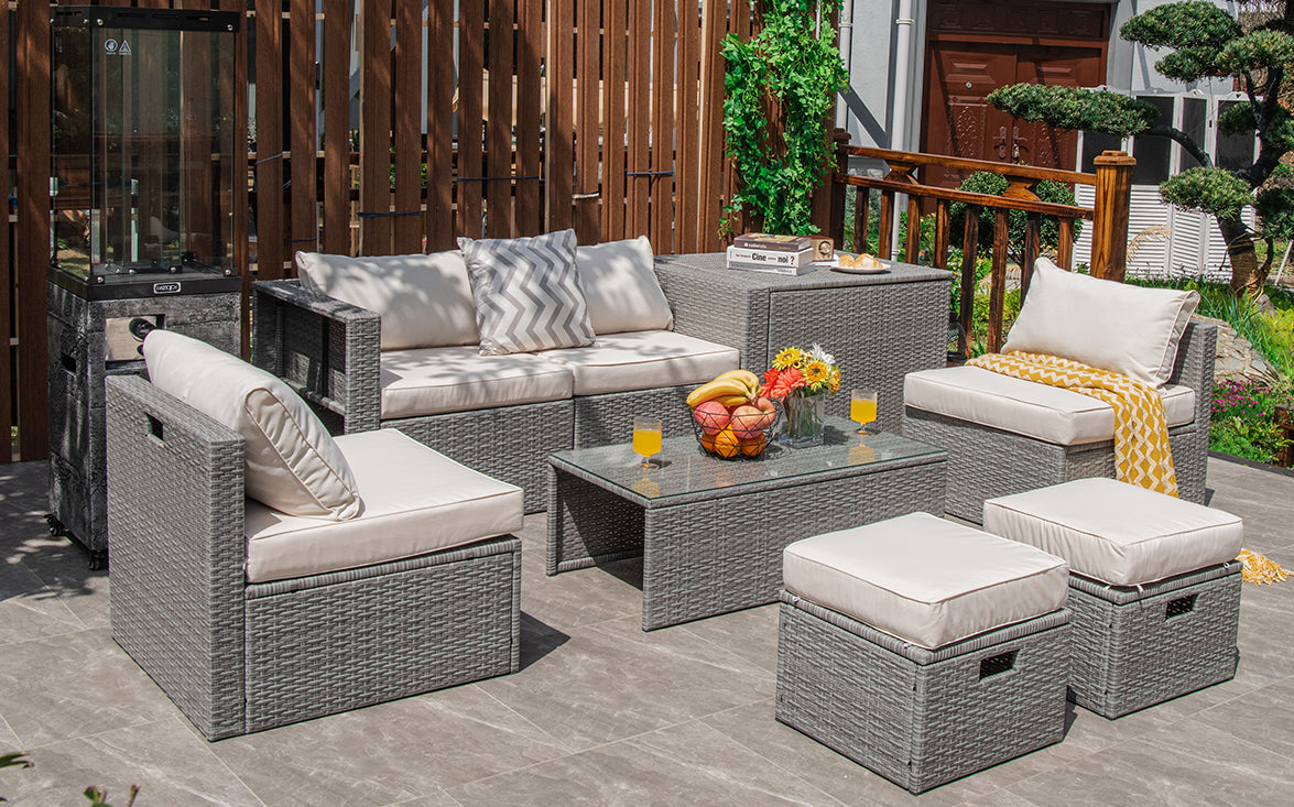 Patiojoy 8 Pieces All-Weather PE Rattan Patio Furniture Set Outdoor Space-Saving Sectional Sofa Set with Storage Box Black/Off White/Navy/Red/Grey