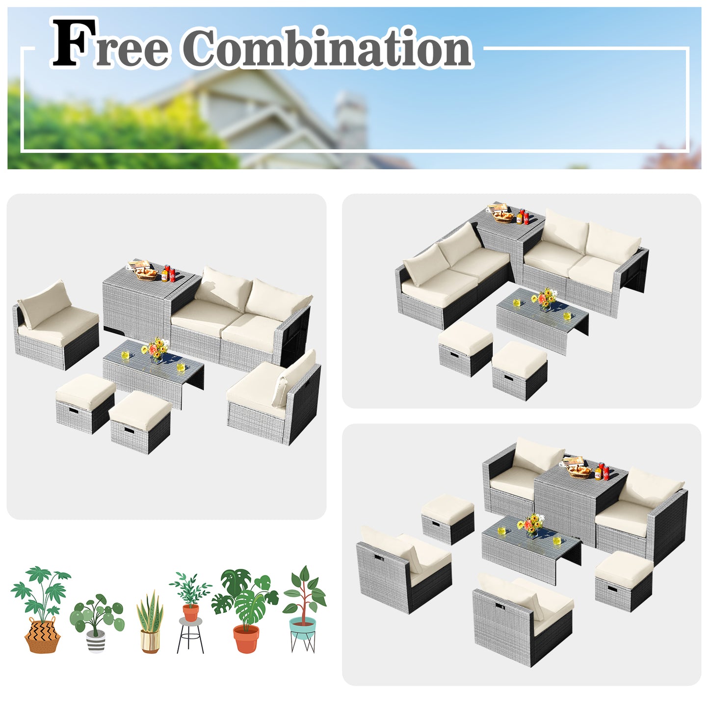 Patiojoy 8 Pieces All-Weather PE Rattan Patio Furniture Set Outdoor Space-Saving Sectional Sofa Set with Storage Box Black/Off White/Navy/Red/Grey