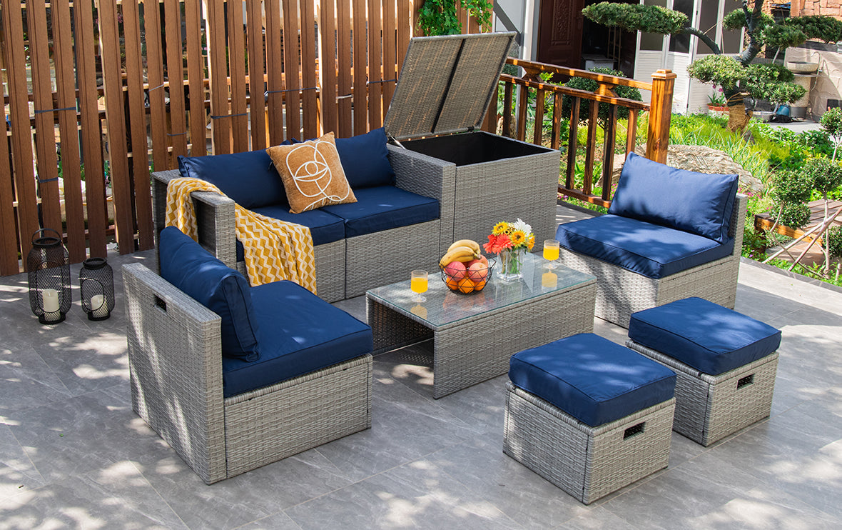 Patiojoy 8 Pieces All-Weather PE Rattan Patio Furniture Set Outdoor Space-Saving Sectional Sofa Set with Storage Box Black/Off White/Navy/Red/Grey