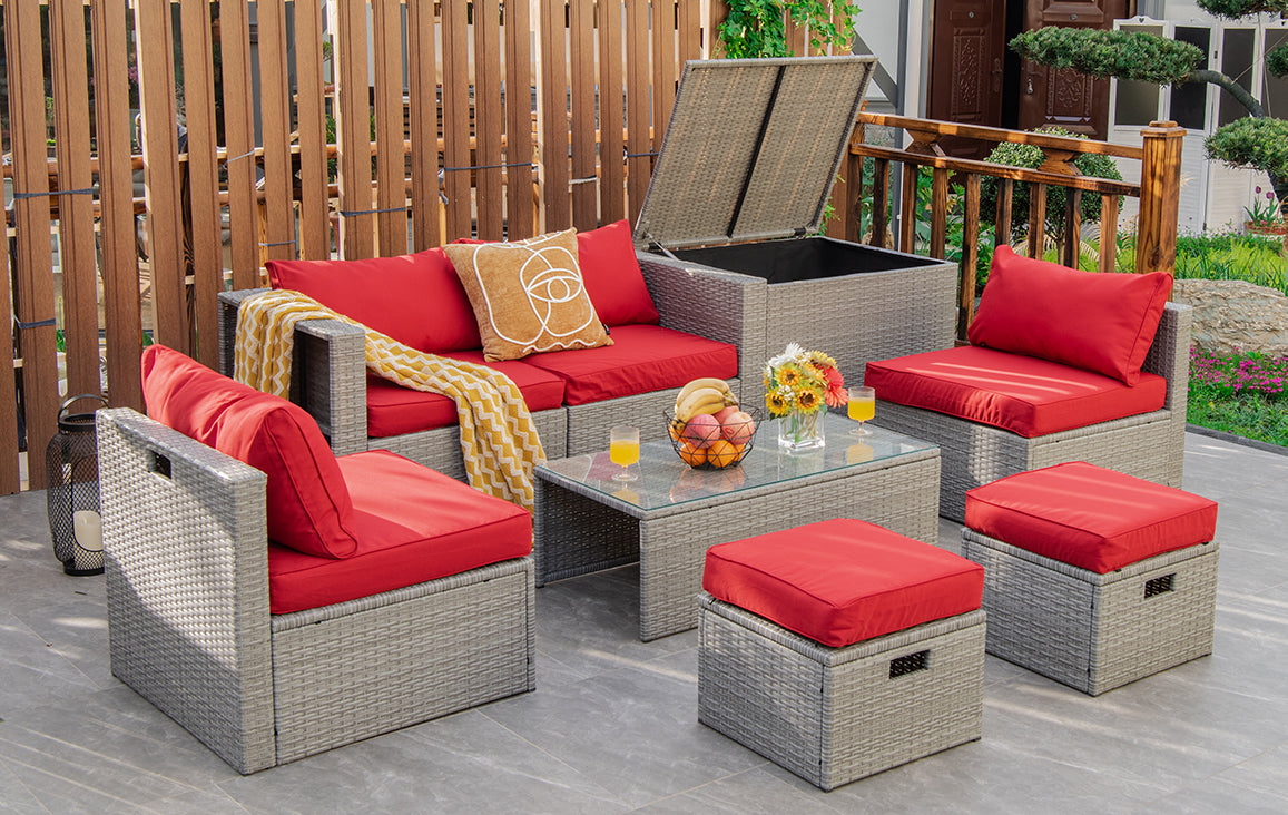 Patiojoy 8 Pieces All-Weather PE Rattan Patio Furniture Set Outdoor Space-Saving Sectional Sofa Set with Storage Box Black/Off White/Navy/Red/Grey