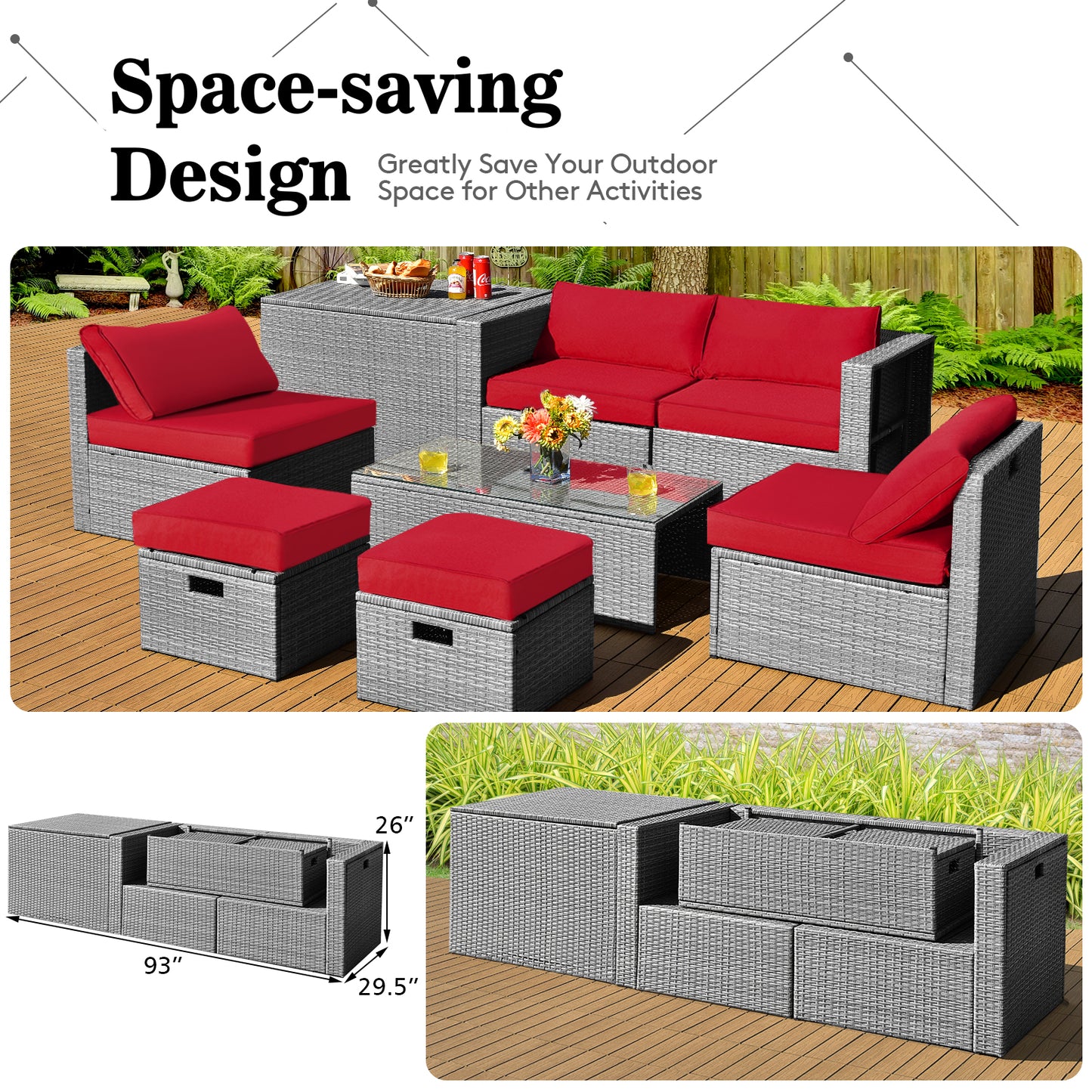 Patiojoy 8 Pieces All-Weather PE Rattan Patio Furniture Set Outdoor Space-Saving Sectional Sofa Set with Storage Box Black/Off White/Navy/Red/Grey