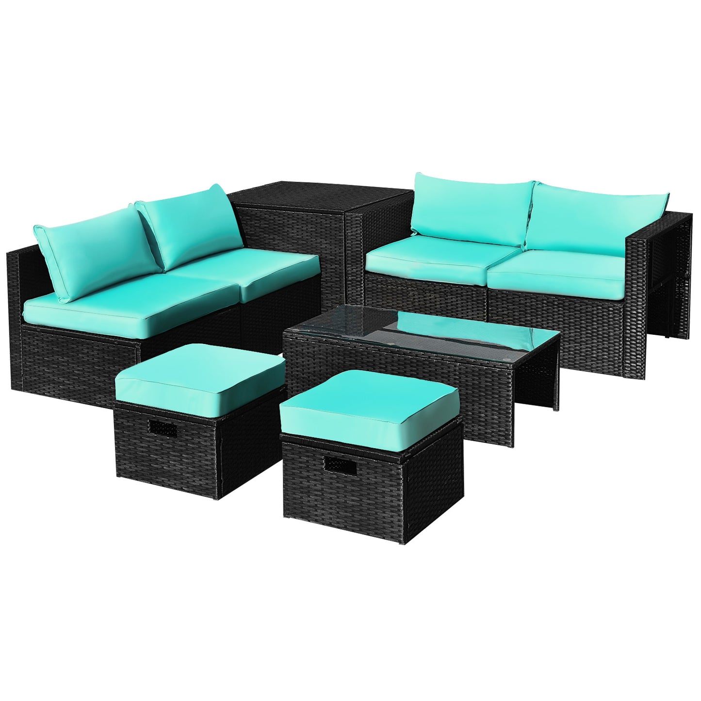 Patiojoy 8PCS Patio Conversation Set Sectional Sofa Set, All-Weather PE Rattan, Tempered Glass Table & Washable Cushion Covers Off white/Navy/Red/Grey/Black/Turquoise