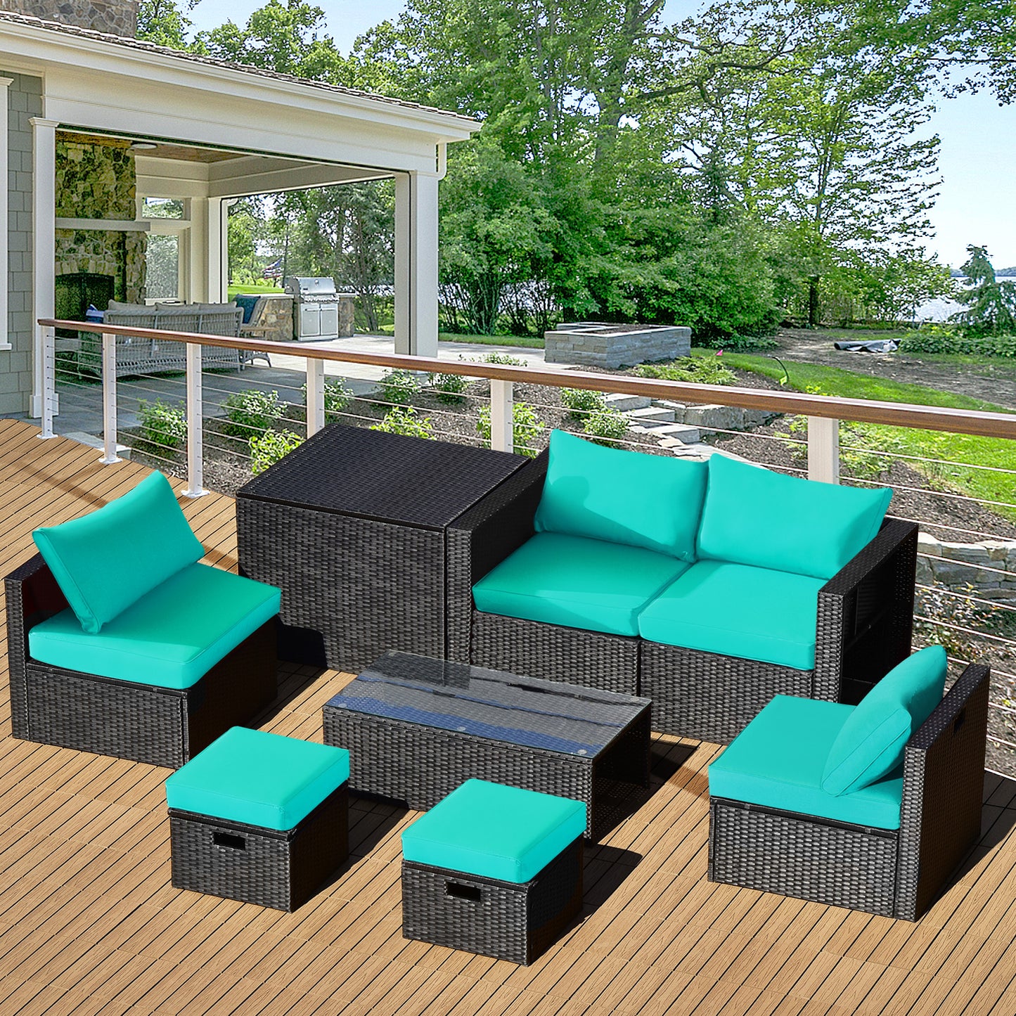 Patiojoy 8PCS Patio Conversation Set Sectional Sofa Set, All-Weather PE Rattan, Tempered Glass Table & Washable Cushion Covers Off white/Navy/Red/Grey/Black/Turquoise
