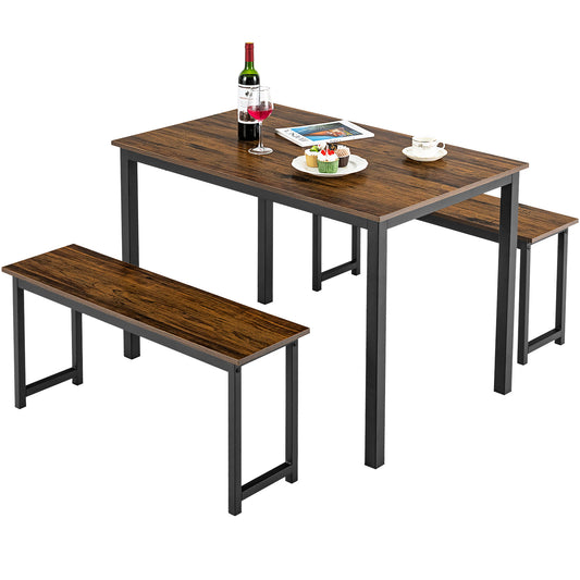 Topbuy 3pcs Dining Table Set for 4 Modern Industrial Counter Height Kitchen Table Set with 2 Benches for Dining Room Natural/Brown