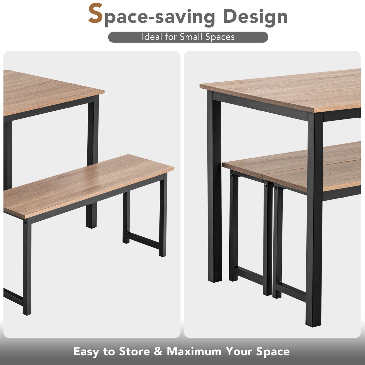 Topbuy 3pcs Dining Table Set for 4 Modern Industrial Counter Height Kitchen Table Set with 2 Benches for Dining Room Natural/Brown