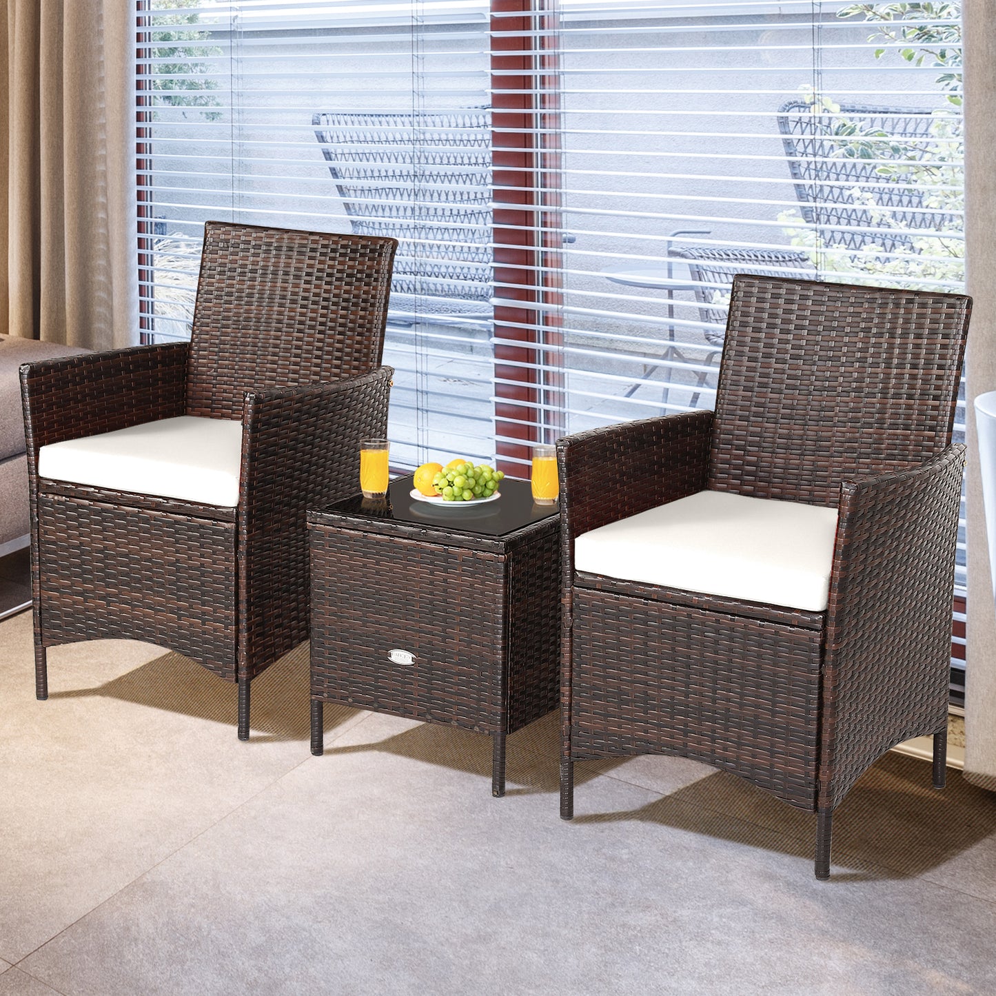 Patiojoy 3 Pieces Patio Rattan Conversation Furniture Wicker Chairs with Coffee Table & Cushions Red/Blue/White