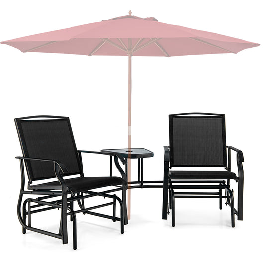 Patiojoy Patio Double Rocking Chair Outdoor 2-Seat Swing Glider Chair W/ Center Table & Umbrella Hole Black/Brown/Turquoise