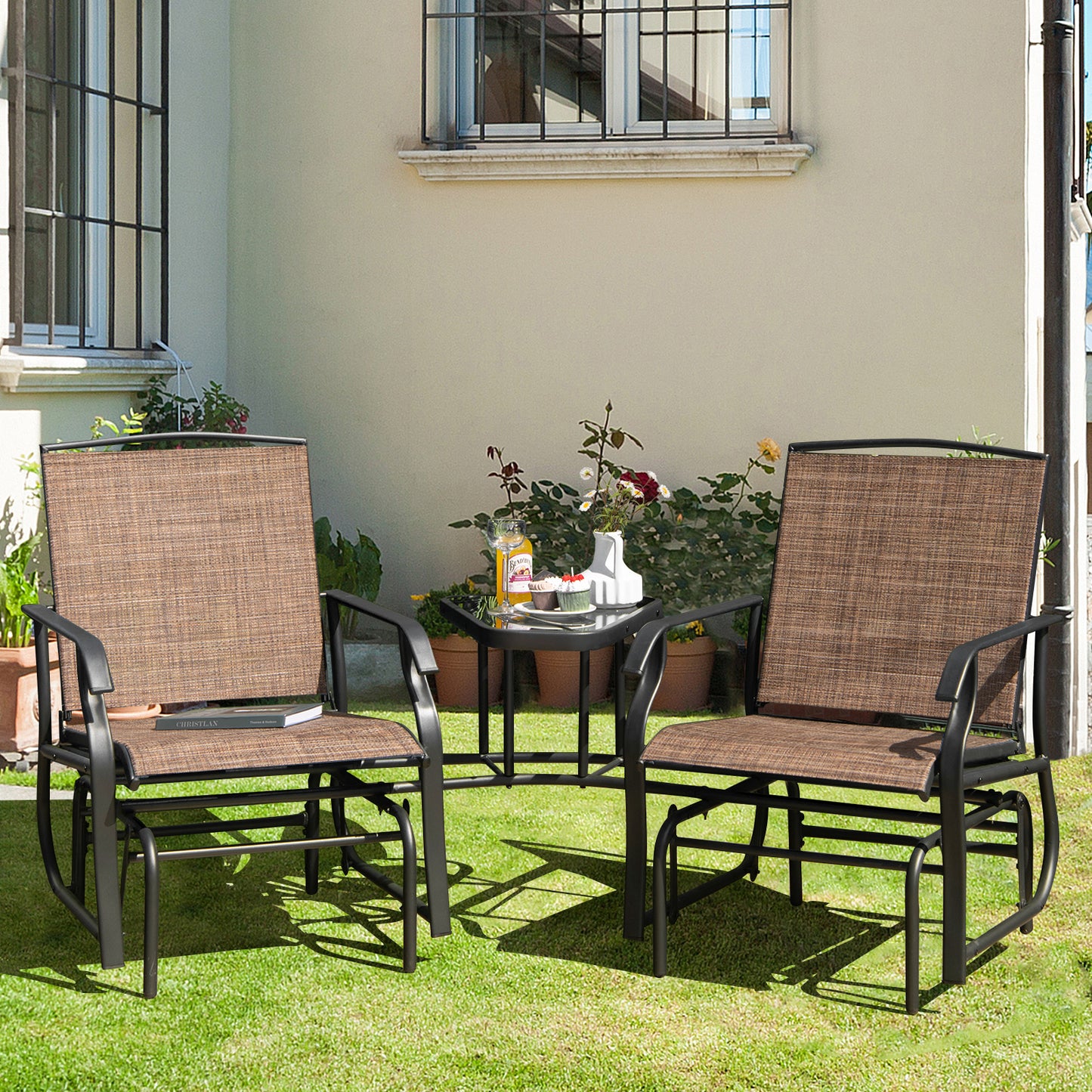 Patiojoy Patio Double Rocking Chair Outdoor 2-Seat Swing Glider Chair W/ Center Table & Umbrella Hole Black/Brown/Turquoise
