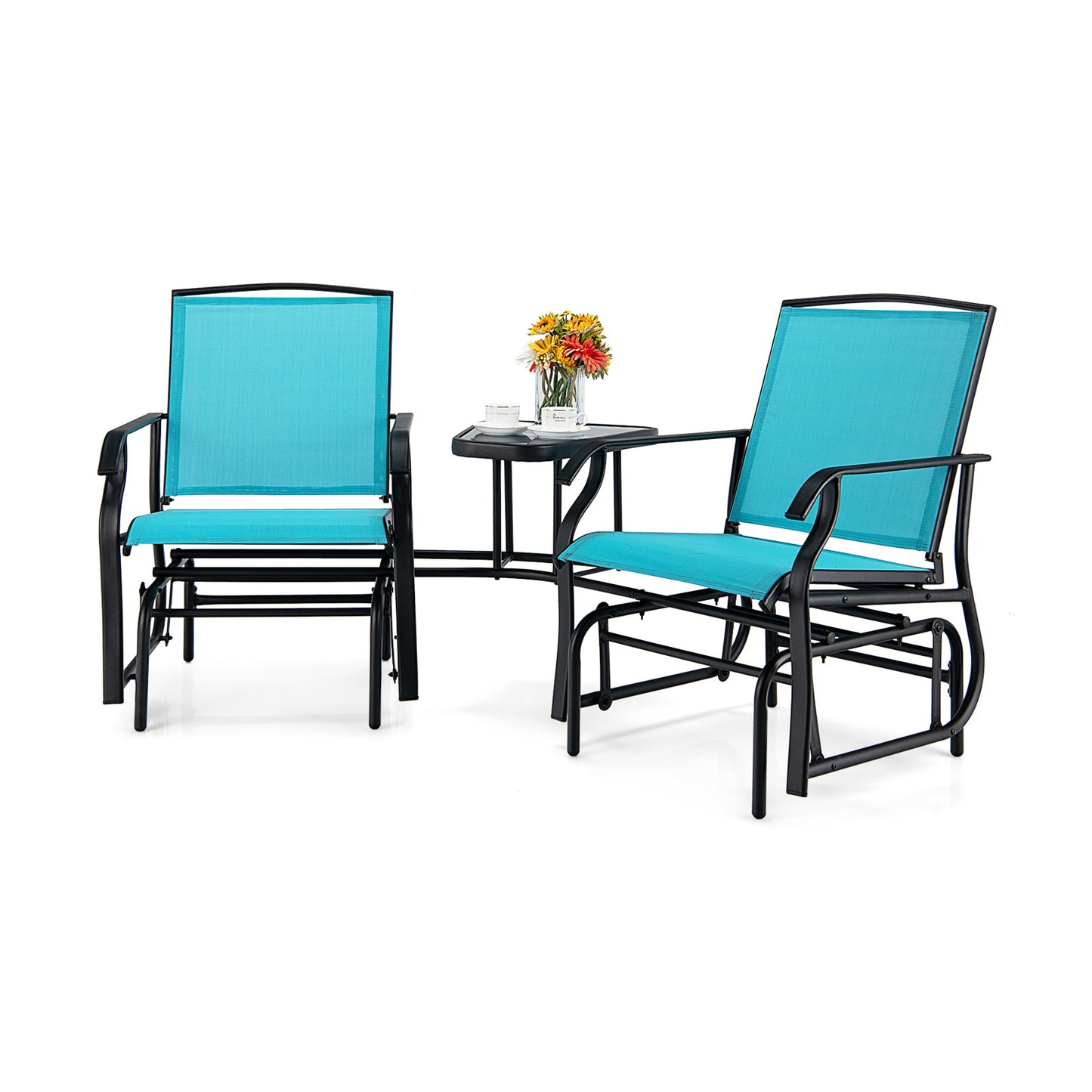 Patiojoy Patio Double Rocking Chair Outdoor 2-Seat Swing Glider Chair W/ Center Table & Umbrella Hole Black/Brown/Turquoise
