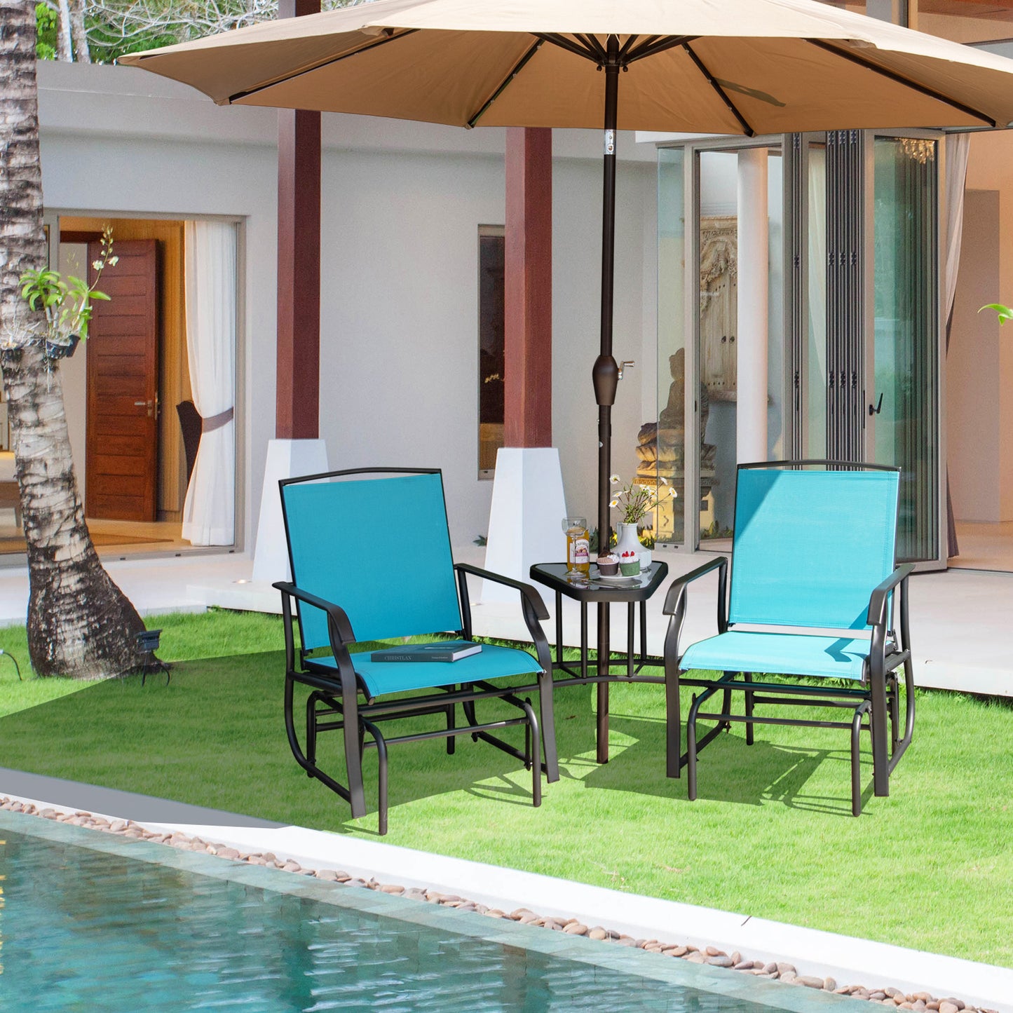 Patiojoy Patio Double Rocking Chair Outdoor 2-Seat Swing Glider Chair W/ Center Table & Umbrella Hole Black/Brown/Turquoise