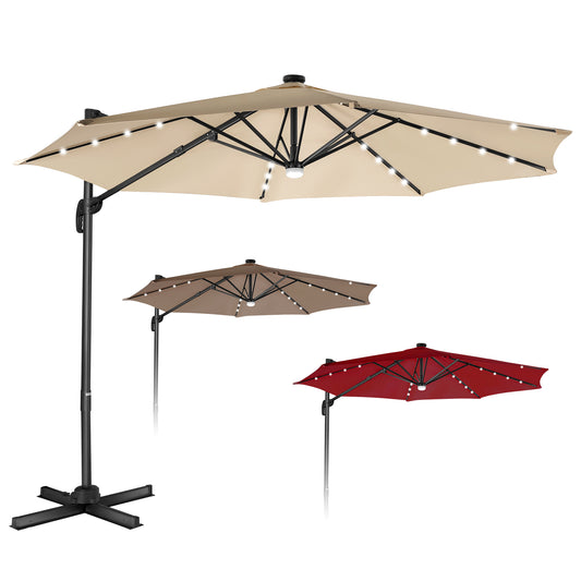 Patiojoy 10 ft Aluminum Pole Patio Umbrella Cantilever Umbrella w/ 8 Ribs Heavy Duty Base 28 LED Lights & Hub Light Beige/Coffee/Wine