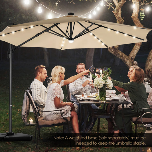 Patiojoy 10 ft Aluminum Pole Patio Umbrella Cantilever Umbrella w/ 8 Ribs Heavy Duty Base 28 LED Lights & Hub Light Beige/Coffee/Wine