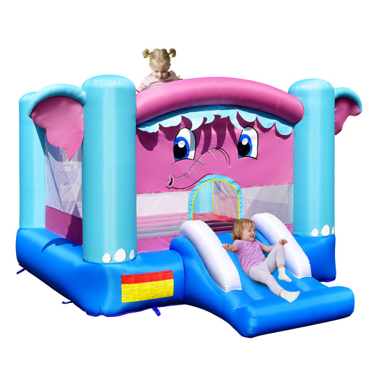 Topbuy Inflatable Bounce House 3-in-1 Elephant Theme Inflatable Castle w/ Jumping Area Slide & Basketball Rim Indoor Outdoor Kids Bouncer (without Blower)