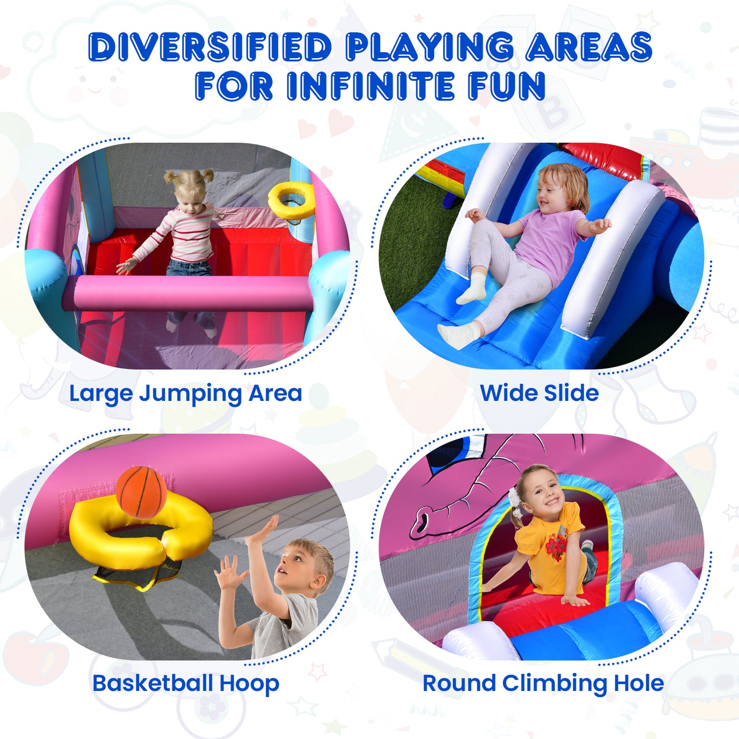 Topbuy Inflatable Bounce House 3-in-1 Elephant Theme Inflatable Castle w/ Jumping Area Slide & Basketball Rim Indoor Outdoor Kids Bouncer (without Blower)