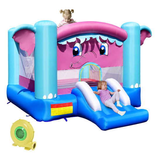 Topbuy Inflatable Bounce House 3-in-1 Elephant Theme Inflatable Castle w/ Jumping Area Slide & Basketball Rim Indoor Outdoor Kids Bouncer with 480W Blower
