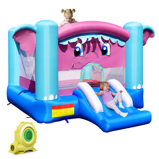 Topbuy Inflatable Bounce House 3-in-1 Elephant Theme Inflatable Castle w/ Jumping Area Slide & Basketball Rim Indoor Outdoor Kids Bouncer with 735W Blower