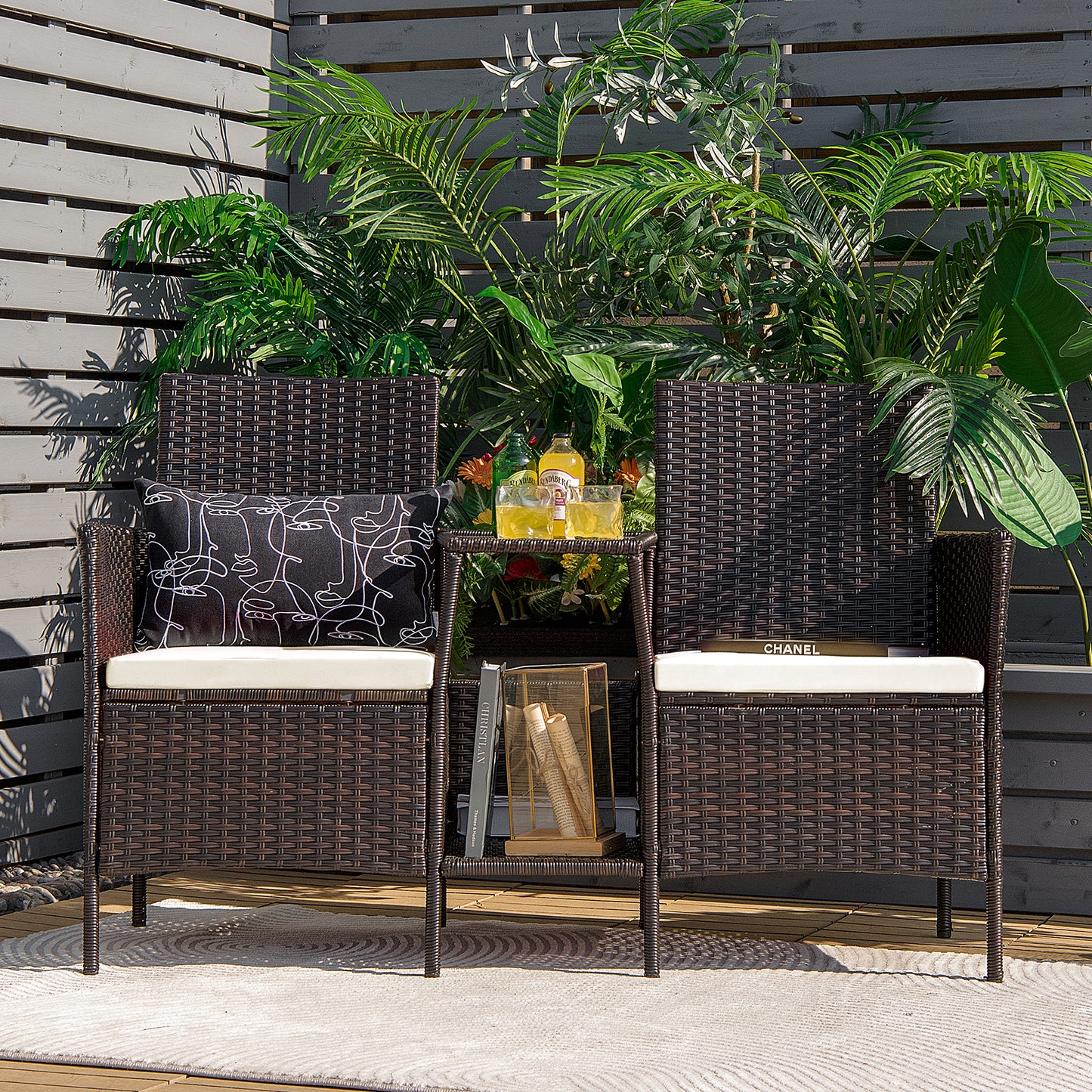 Patiojoy Patio Loveseat 2 Person Cushioned Seats With Center Table Outdoor Rattan Furniture Set