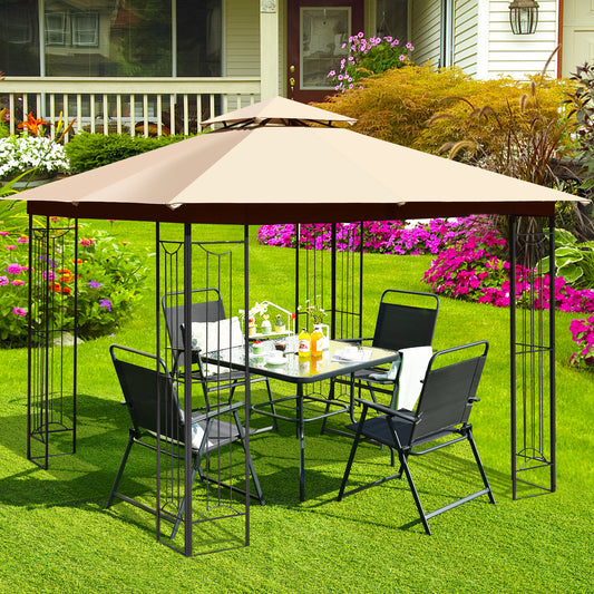 Patiojoy 2-Tiers 10'x10' Outdoor Canopy Gazebo Heavy-Duty Steel Frame Party Patio Large Canopy L-Shaped Gazebo Beige/Grey