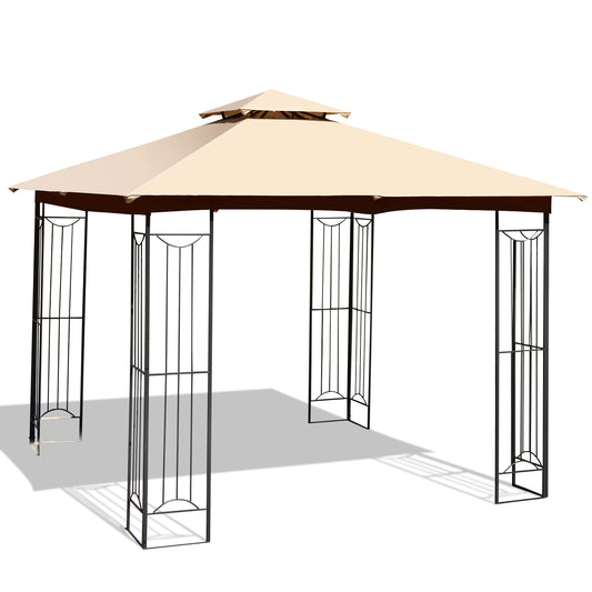 Patiojoy 2-Tiers 10'x10' Outdoor Canopy Gazebo Heavy-Duty Steel Frame Party Patio Large Canopy L-Shaped Gazebo Beige/Grey