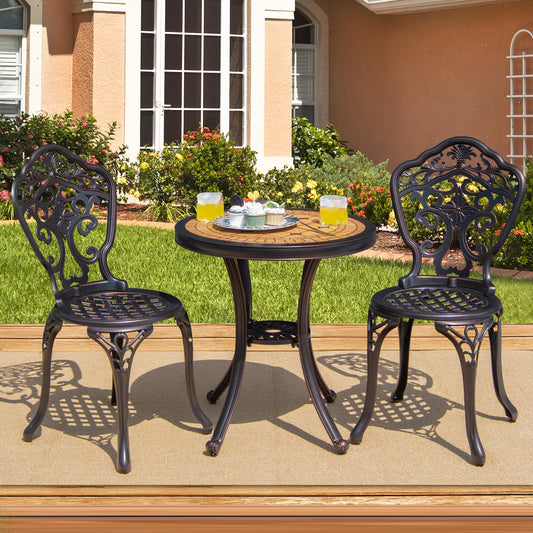 Topbuy 3-Piece Cast Aluminum Bistro Set Outdoor Patio Bistro Table Set Outdoor Round Bistro Table and Chairs for Porch