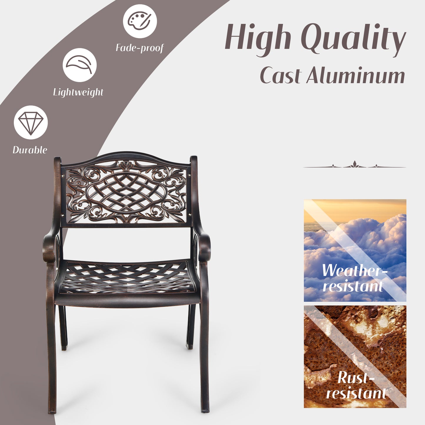 Topbuy 2/4 Pieces Outdoor Bistro Dining Chair Set All-Weather Cast Aluminum Chairs with Armrests and Curved Seats