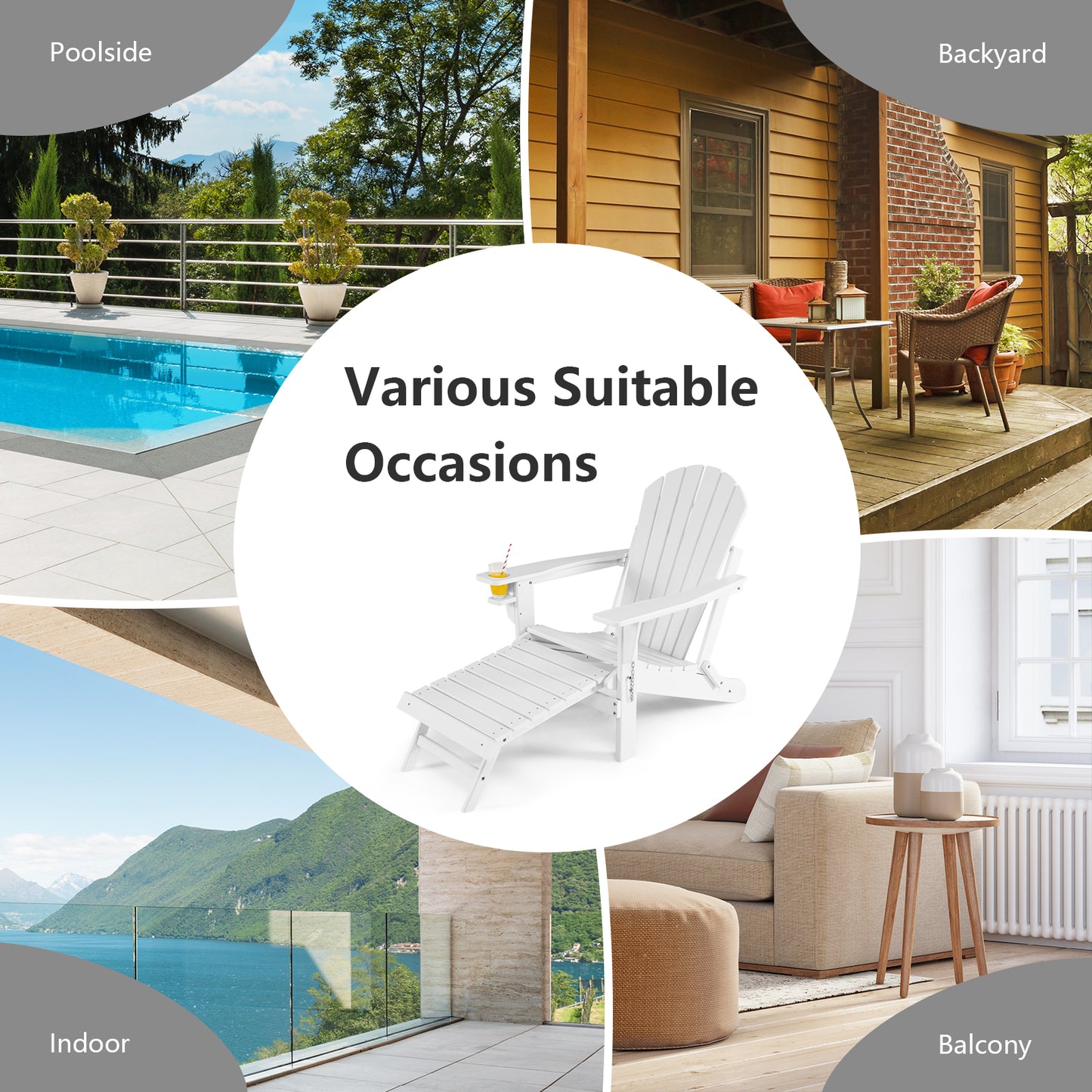 Patiojoy 2PCS Wooden Adirondack Chair W/Ergonomic Design&Ottoman Outdoor Armchair Acacia Wood chair for Yard&Patio Black/Coffee/Grey/Turquoise/White