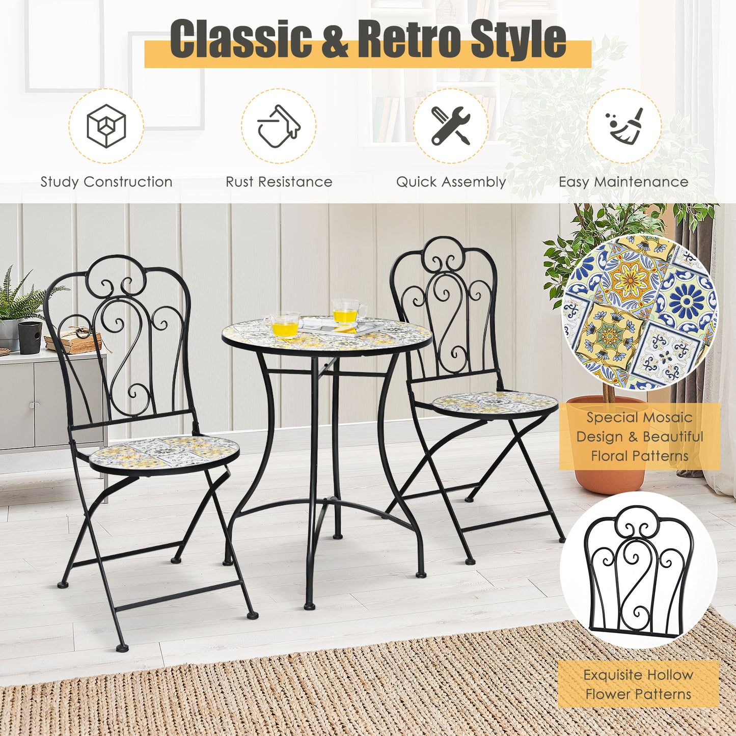 Patiojoy 2PCS Outdoor Mosaic Folding Bistro Chairs Patio Chairs with Ceramic Tiles Seat and Exquisite Floral Pattern Yellow Seat