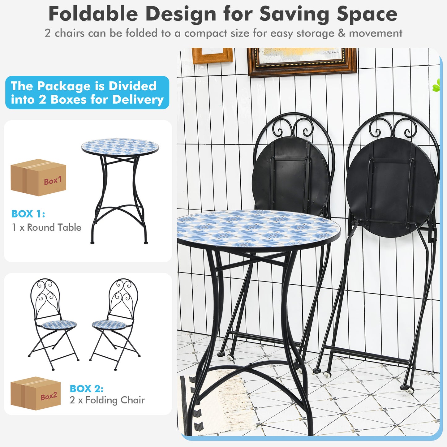 Topbuy 28.5inch Patio Mosaic Round Bistro Metal Table with HeavyDuty Steel Frame&Ceramic Tile Tabletop for Outdoor Garden Deck Backyard