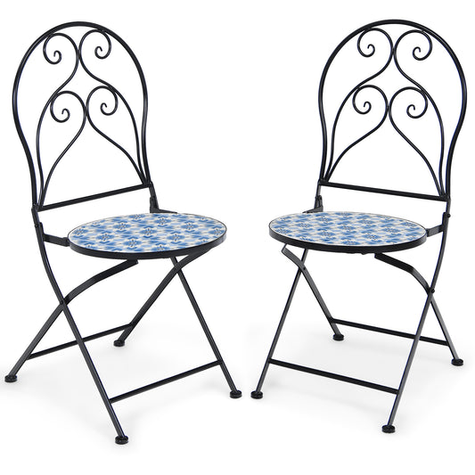Patiojoy 2PCS Outdoor Mosaic Folding Bistro Chairs Patio Chairs with Ceramic Tiles Seat and Exquisite Floral Pattern Blue Seat