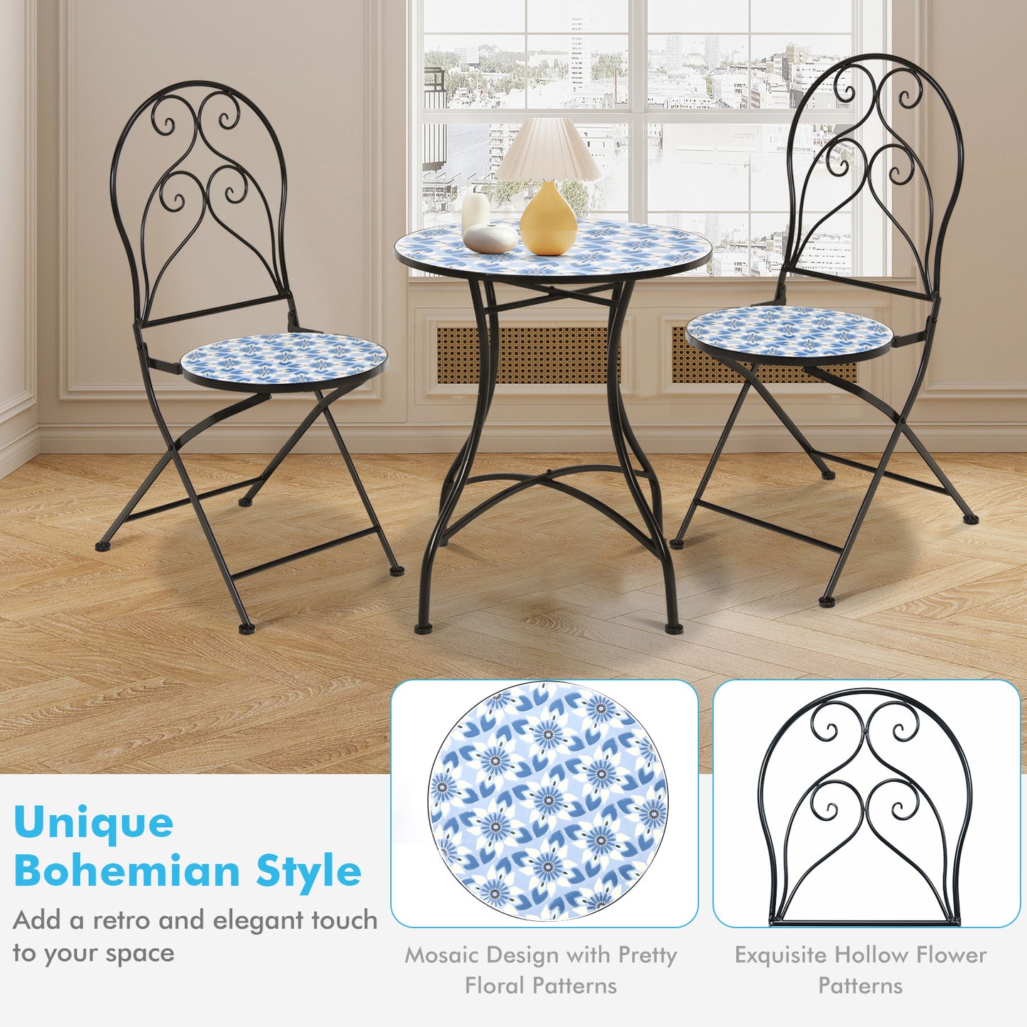 Patiojoy 2PCS Outdoor Mosaic Folding Bistro Chairs Patio Chairs with Ceramic Tiles Seat and Exquisite Floral Pattern Blue Seat