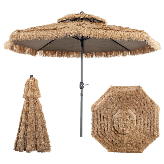 Topbuy 10 ft Patio Tiki Umbrella Outdoor Double-Top Thatch Umbrella W/ 30?? Tilting Design 11-Tier Endothermic Straw Heavy-Duty Steel Pole
