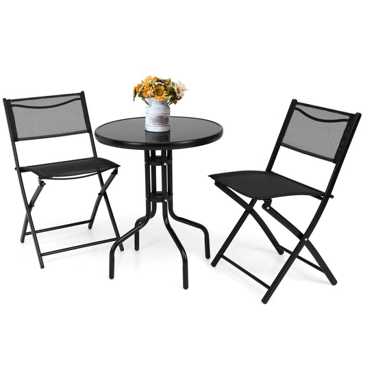 Topbuy 3-Piece Patio Bistro Dining Furniture Set, Outdoor Patio Conversation Set with Round Black Tempered Glass Tabletop and 2 Folding Chairs
