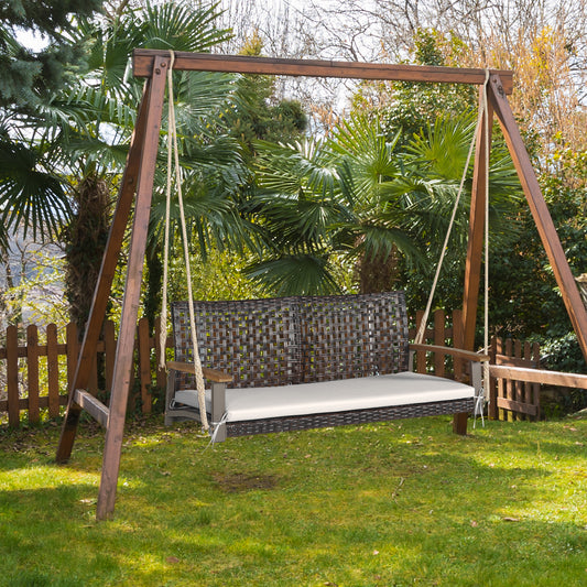 Patiojoy Patio 2-Person Loveseat Rattan Porch Hanging Swing Chair w/ Seat Cushion & Acacia Wood Armrests Black/Red/White