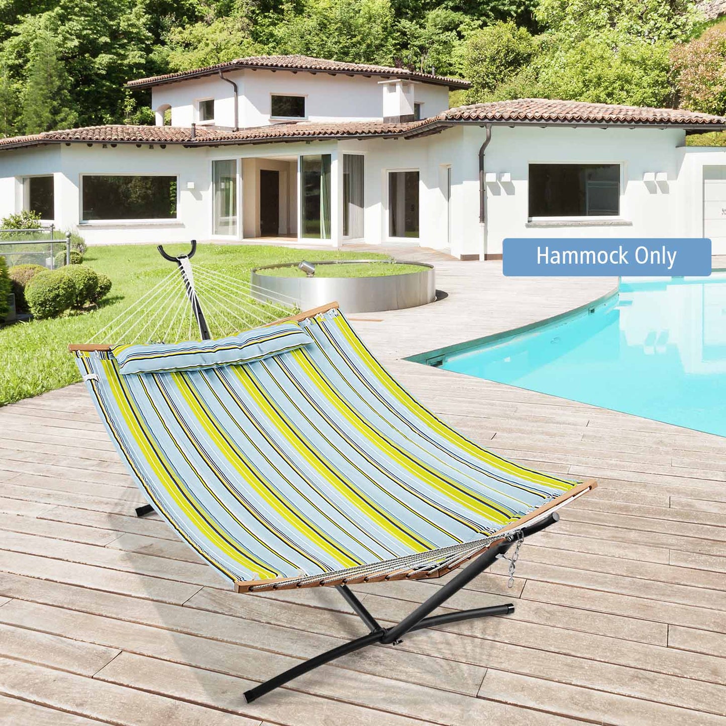Patiojoy Portable Hammock W/ Spreader Bars & Detachable Pillow Quick Dry & Water Proof Material Hand Woven Cotton Rope Blue + Green/Light Blue + Yellow