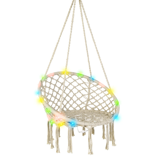 Patiojoy Hammock Chair Macrame Swing, Patio Hanging Hammock Chair W/ LED Lights, Hanging Cotton Rope Hammock Swing Chair for Indoor & Outdoor