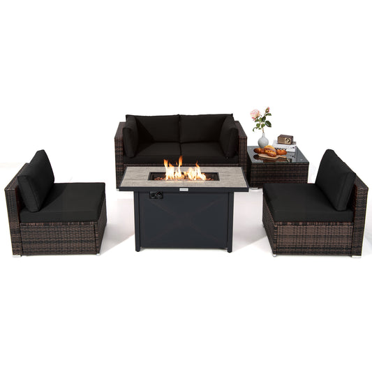 Patiojoy 6 Pieces Outdoor PE Rattan Wicker Sectional Sofa with 42'' 60,000 BTU Gas Fire Pit Table, Patio Conversation Set with Tempered Glass Coffee Table Black/Navy Blue/Red/Turquoise/Off White