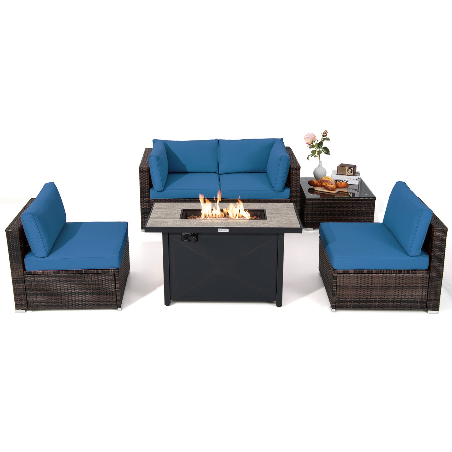 Patiojoy 6 Pieces Outdoor PE Rattan Wicker Sectional Sofa with 42'' 60,000 BTU Gas Fire Pit Table, Patio Conversation Set with Tempered Glass Coffee Table Black/Navy Blue/Red/Turquoise/Off White