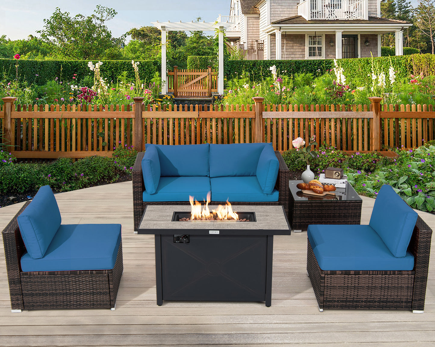 Patiojoy 6 Pieces Outdoor PE Rattan Wicker Sectional Sofa with 42'' 60,000 BTU Gas Fire Pit Table, Patio Conversation Set with Tempered Glass Coffee Table Black/Navy Blue/Red/Turquoise/Off White