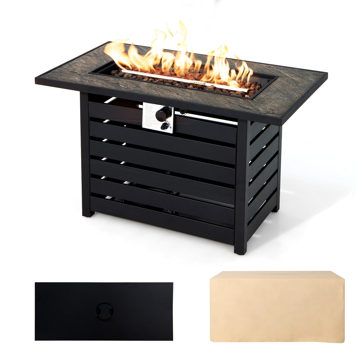 Patiojoy 6 Pieces Outdoor PE Rattan Wicker Sectional Sofa with 42'' 60,000 BTU Gas Fire Pit Table, Patio Conversation Set with Tempered Glass Coffee Table Black/Navy Blue/Red/Turquoise/Off White