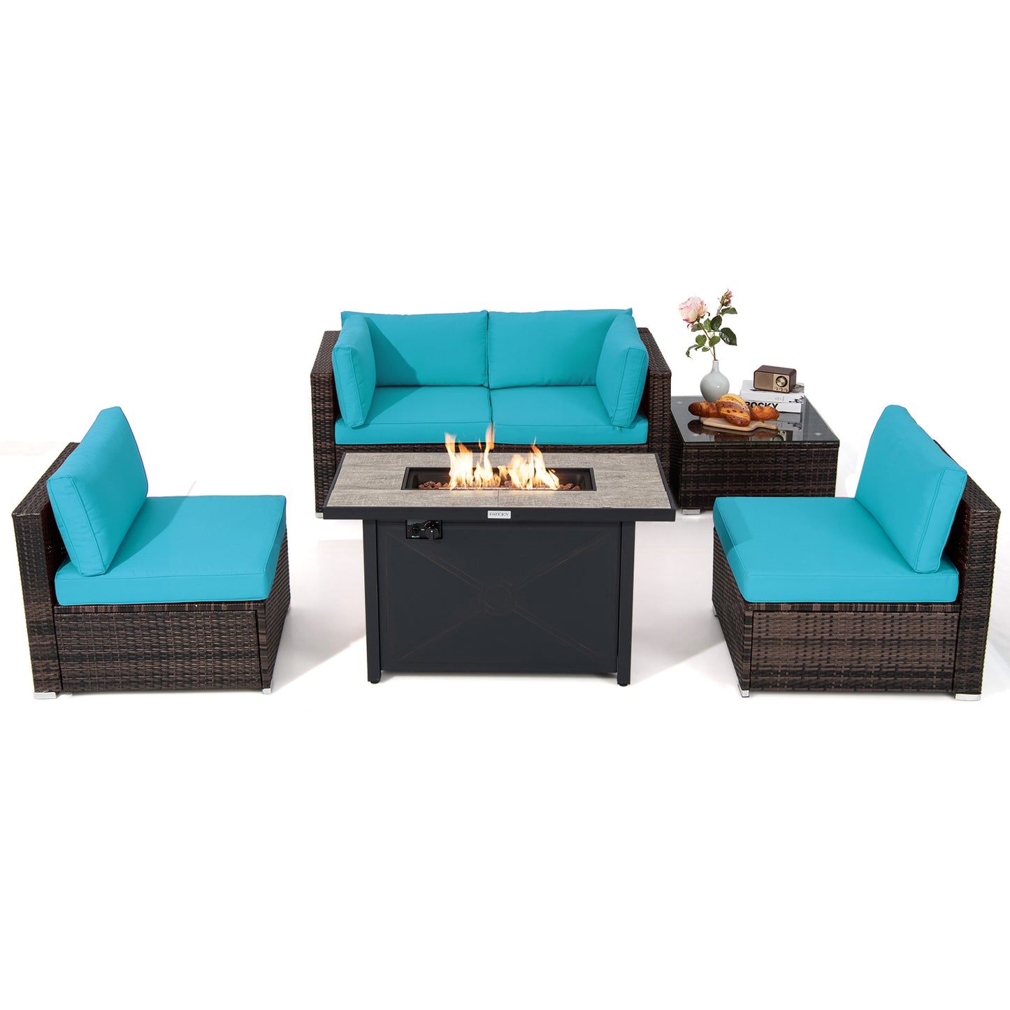 Patiojoy 6 Pieces Outdoor PE Rattan Wicker Sectional Sofa with 42'' 60,000 BTU Gas Fire Pit Table, Patio Conversation Set with Tempered Glass Coffee Table Black/Navy Blue/Red/Turquoise/Off White