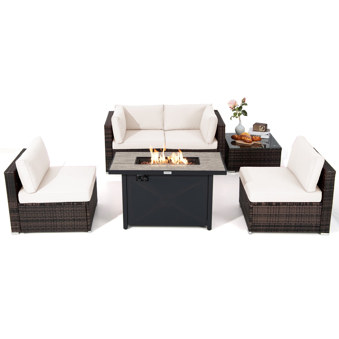 Patiojoy 6 Pieces Outdoor PE Rattan Wicker Sectional Sofa with 42'' 60,000 BTU Gas Fire Pit Table, Patio Conversation Set with Tempered Glass Coffee Table Black/Navy Blue/Red/Turquoise/Off White