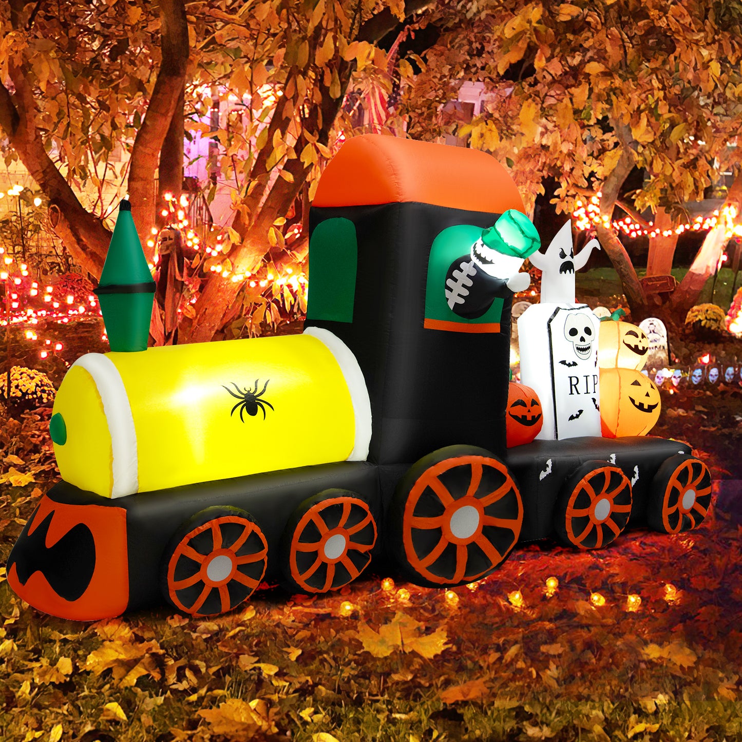 Topbuy 8 FT Long Halloween Inflatable Decoration w/ LEDs Inflatable Train w/ Pumpkins Ghost Skeleton Indoor Outdoor Halloween Decor for Party Garden Lawn