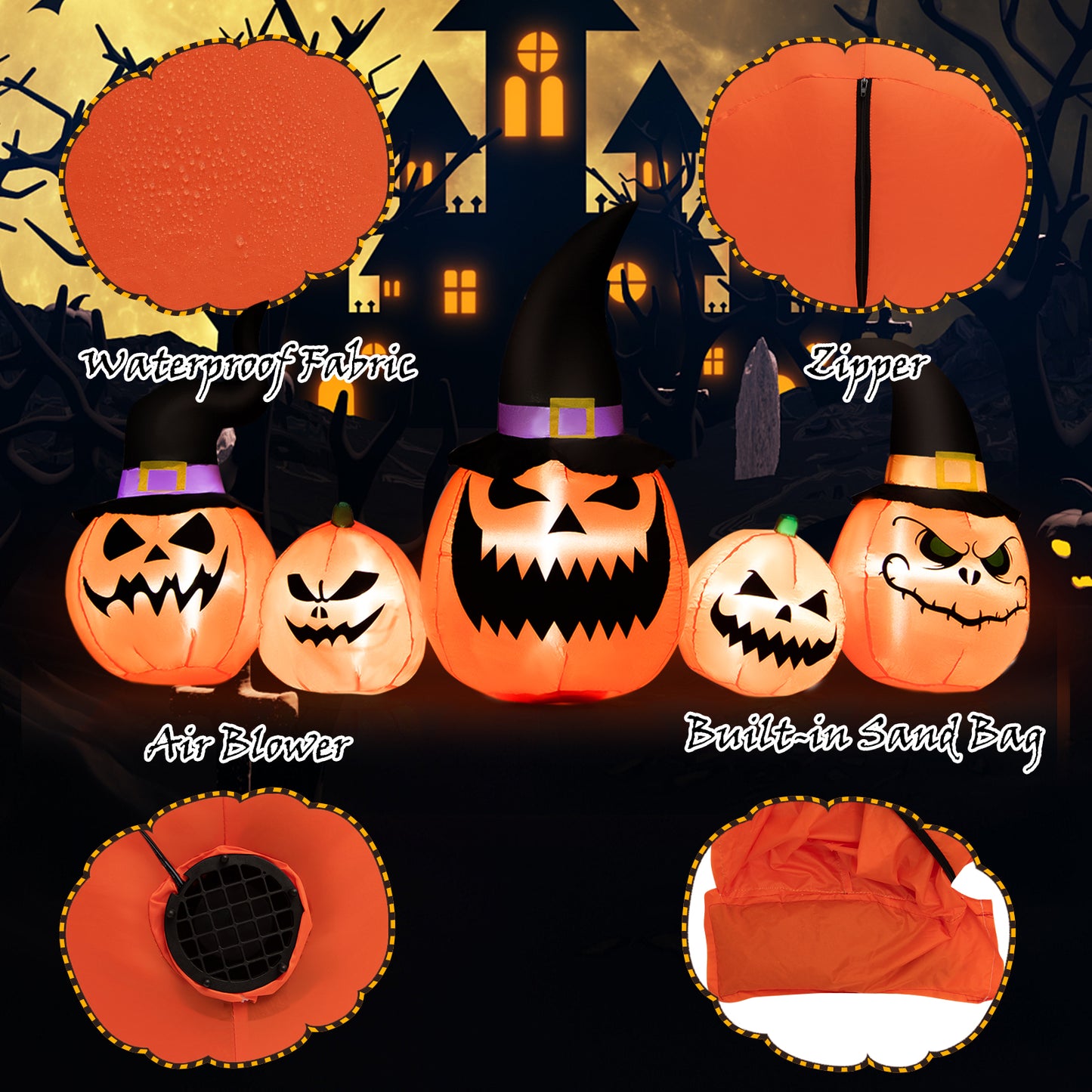 Topbuy Long Inflatable Pumpkin Family Waterproof Halloween Yard Decoration with Built-in LED Lights Indoor & Outdoor Halloween Decor