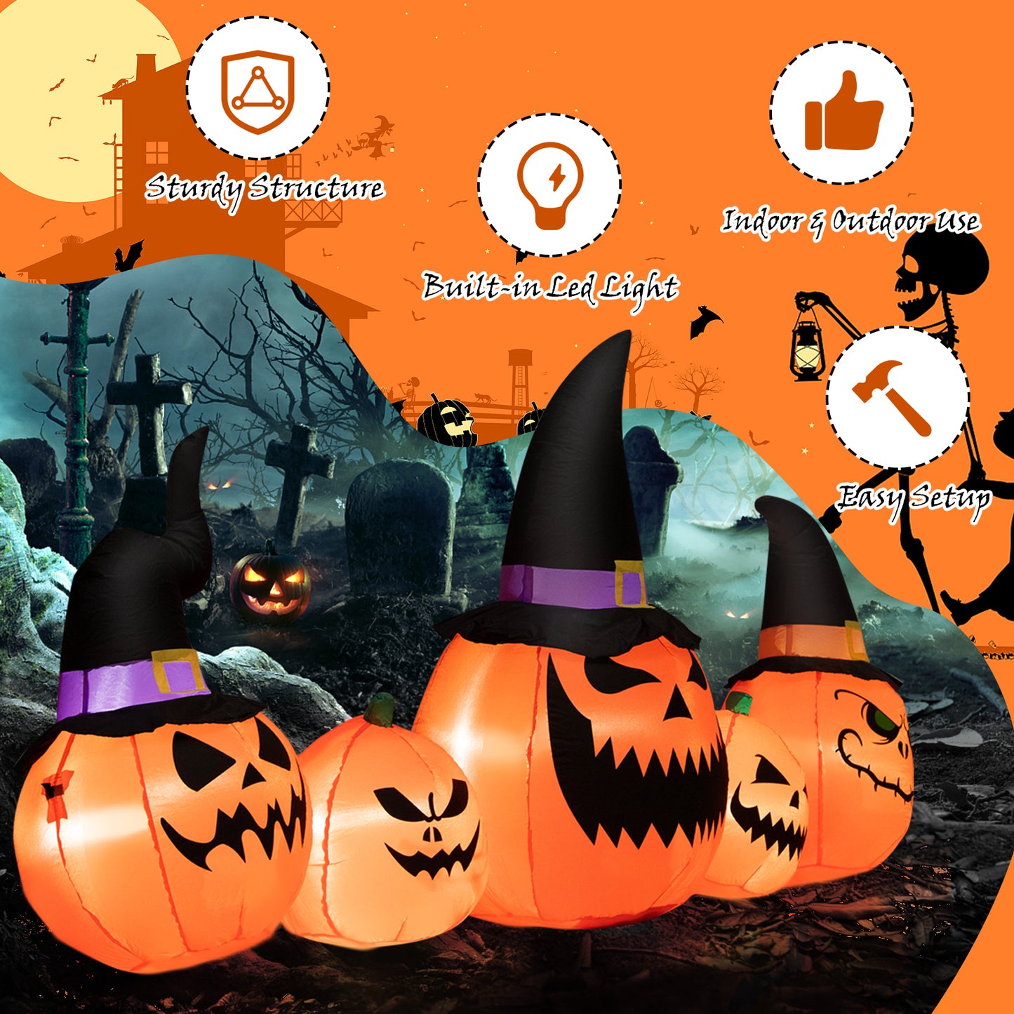 Topbuy Long Inflatable Pumpkin Family Waterproof Halloween Yard Decoration with Built-in LED Lights Indoor & Outdoor Halloween Decor