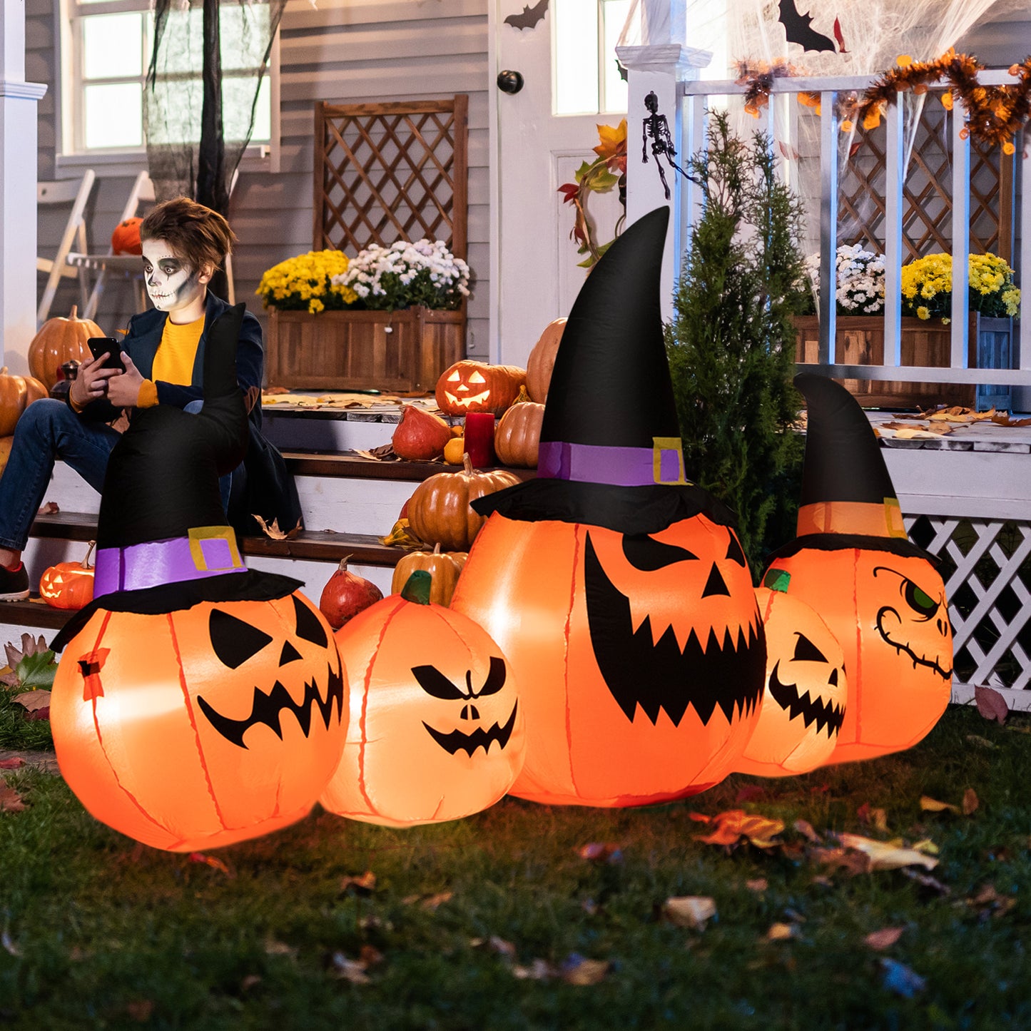 Topbuy Long Inflatable Pumpkin Family Waterproof Halloween Yard Decoration with Built-in LED Lights Indoor & Outdoor Halloween Decor