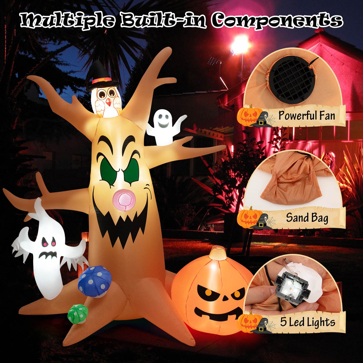 Topbuy 8 FT Inflatable Halloween Three White Ghosts with Pumpkin Blow-up Yard Decoration with Built-in LED Lights & Rotating Lamp Stable & Waterproof Halloween Decoration