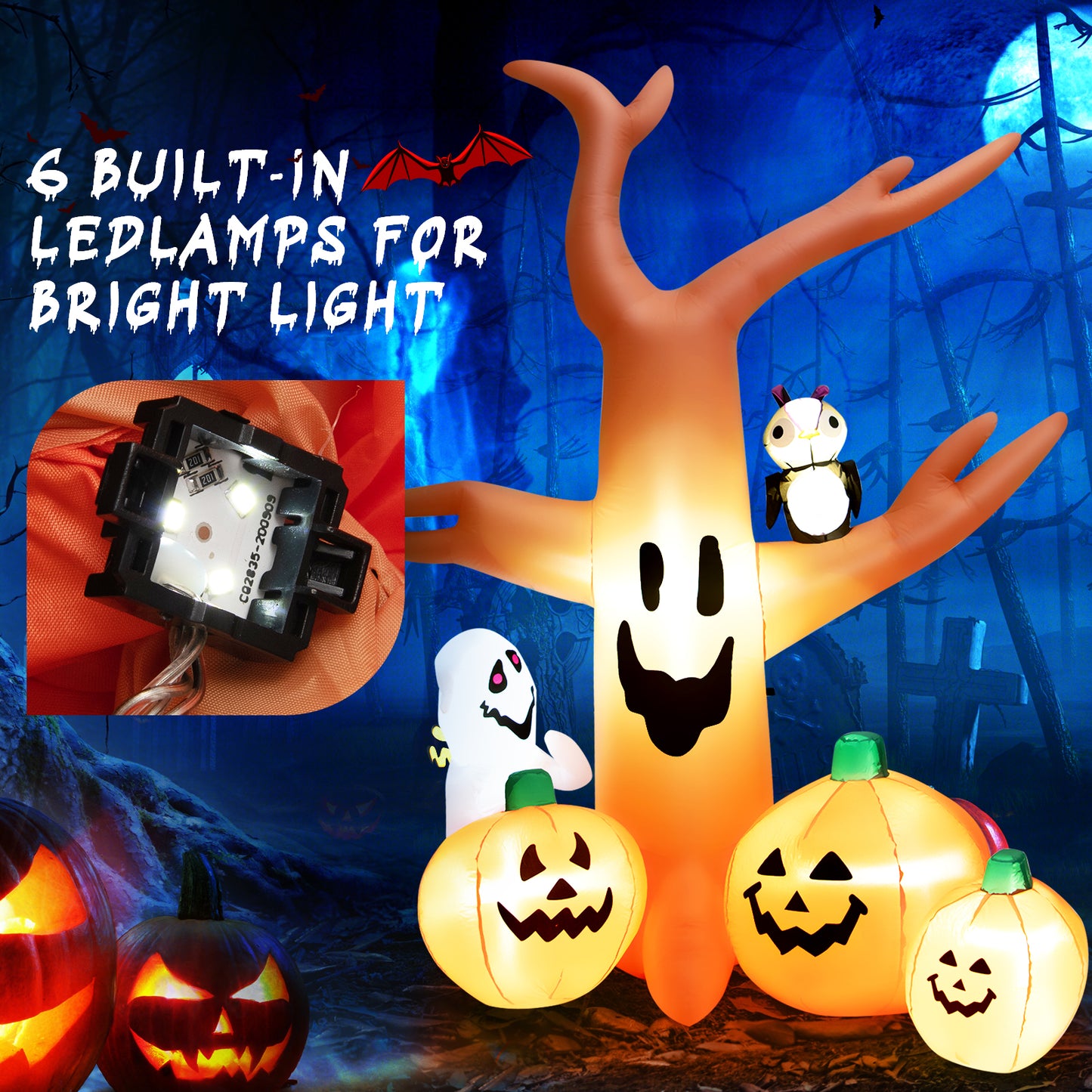 Topbuy 8FT Halloween Inflatable Decoration, Blow Up Dead Tree w/ Waterproof Air Blower Built-in?LED Lights 2 Ropes & Stakes Holiday Decor w/ Ghost Owl Pumpkin for Yard Garden Lawn