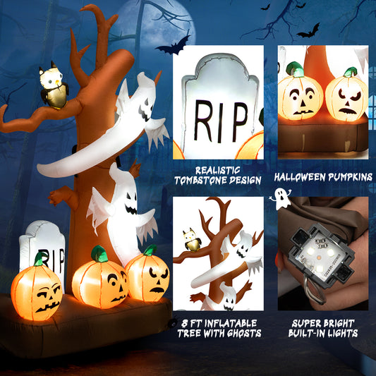 Topbuy 8 FT Tall Halloween Inflatable Tree w/ Ghosts Pumpkins Owl Tombstone Outdoor Indoor Halloween Decoration w/ LED Light Ropes and Stakes for Party Garden Lawn
