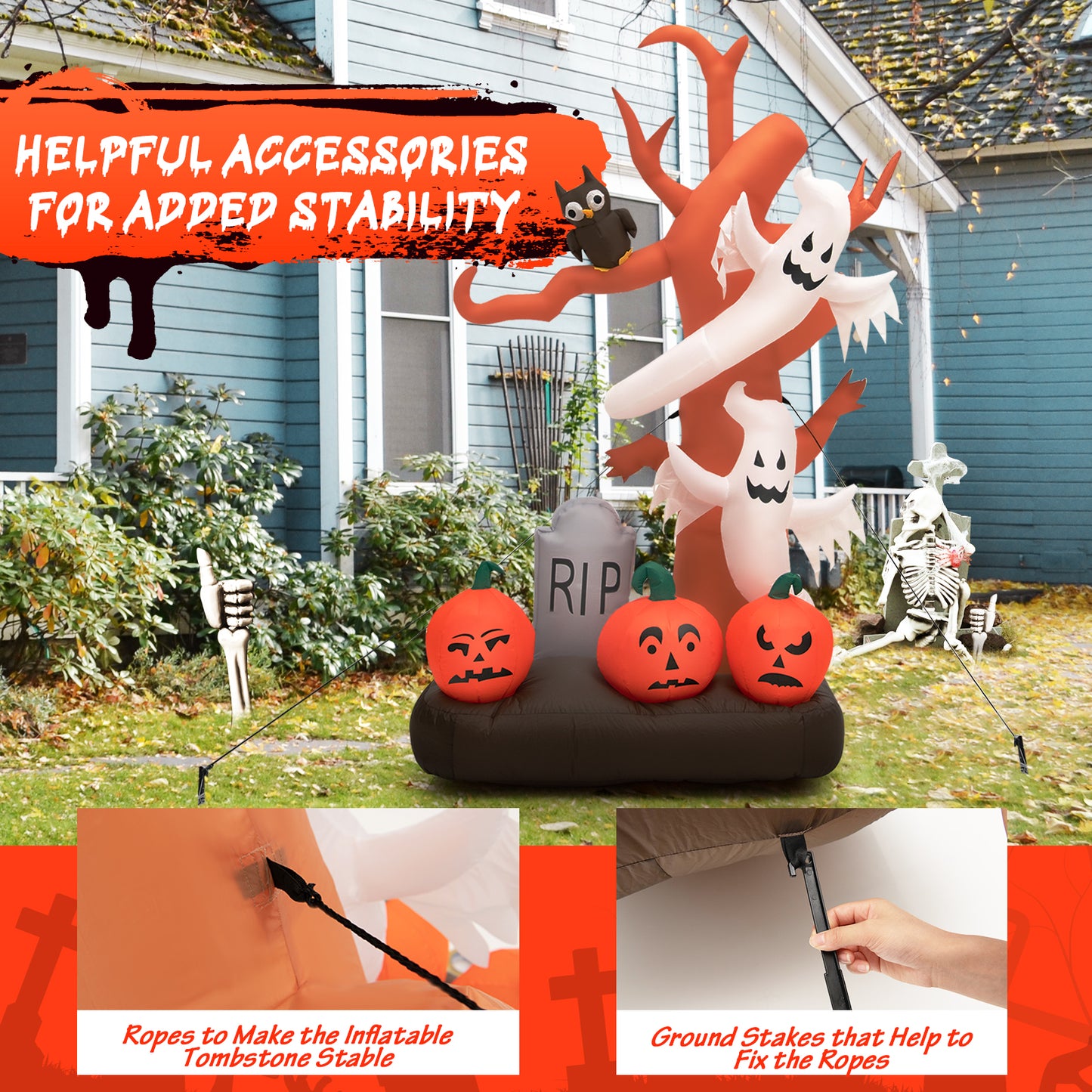 Topbuy 8 FT Tall Halloween Inflatable Tree w/ Ghosts Pumpkins Owl Tombstone Outdoor Indoor Halloween Decoration w/ LED Light Ropes and Stakes for Party Garden Lawn